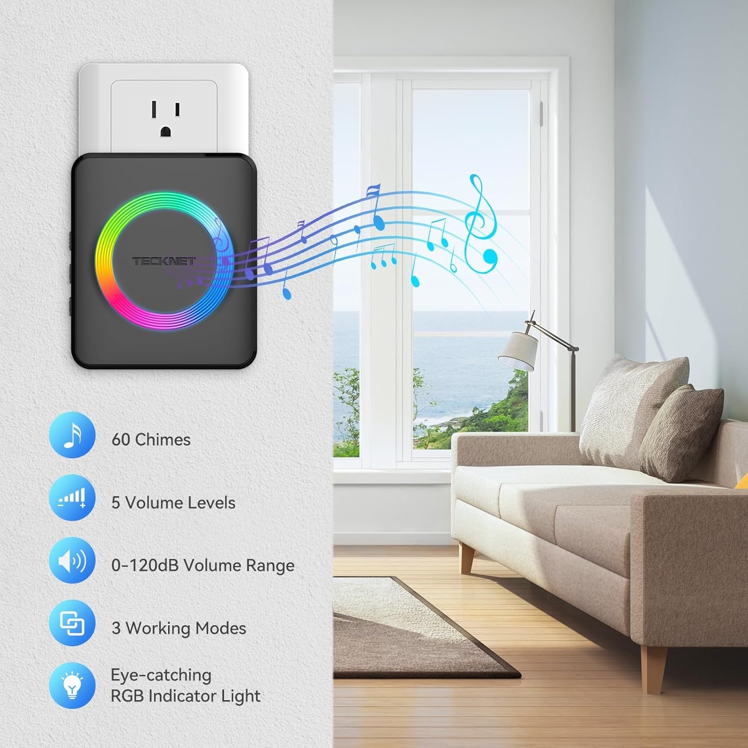 Wireless Doorbell, Door Bell 0-120Db, 1300 Ft Wireless Range, IP65 Waterproof Classroom Doorbells, 60 Chimes & 5 Volume Levels, RGB Light for Home Kid Room Office Hearing Impaired, Black
