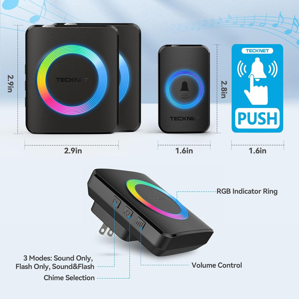 Wireless Doorbell, Door Bell 0-120Db, 1300 Ft Wireless Range, IP65 Waterproof Classroom Doorbells, 60 Chimes & 5 Volume Levels, RGB Light for Home Kid Room Office Hearing Impaired, Black
