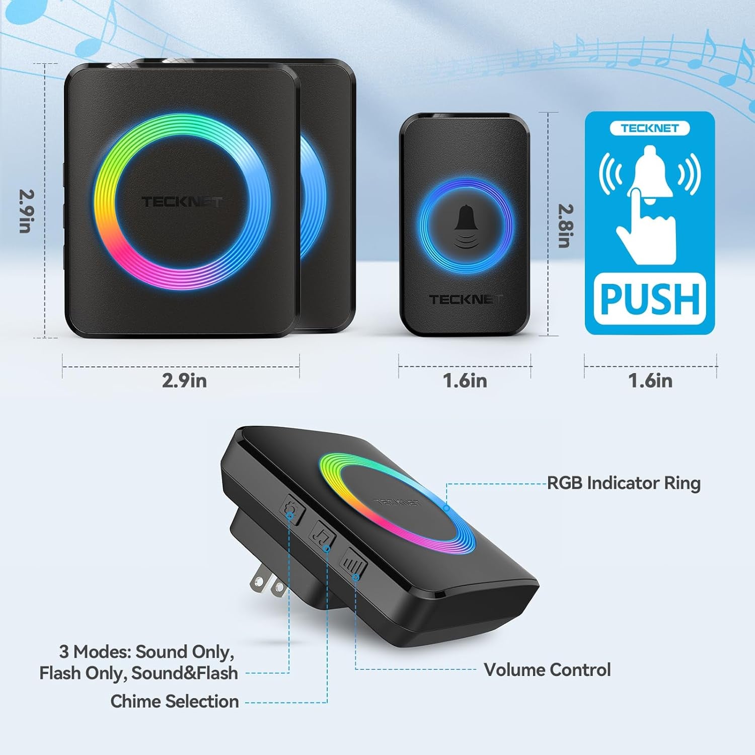 Wireless Doorbell, Door Bell 0-120Db, 1300 Ft Wireless Range, IP65 Waterproof Classroom Doorbells, 60 Chimes & 5 Volume Levels, RGB Light for Home Kid Room Office Hearing Impaired, Black
