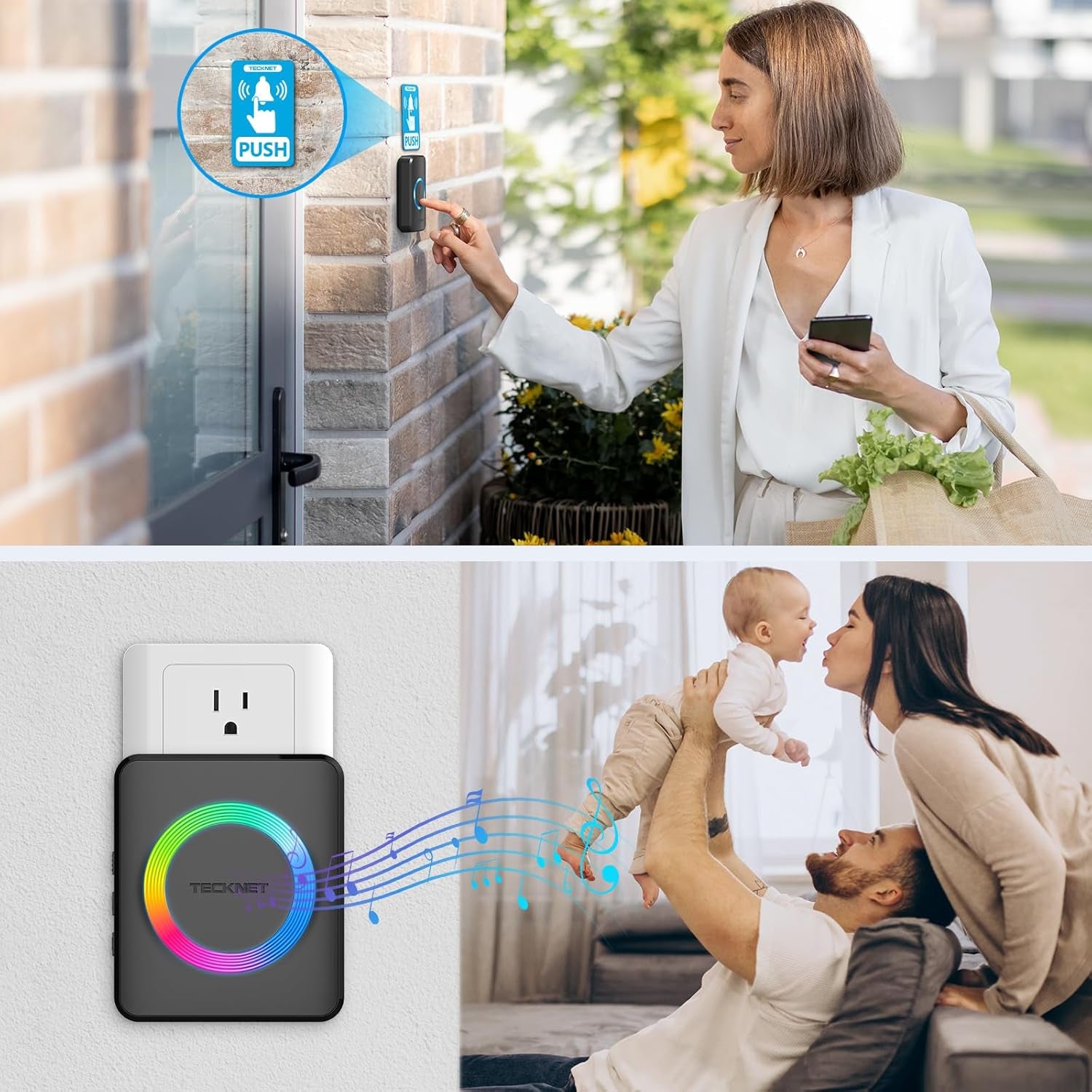 Wireless Doorbell, Door Bell 0-120Db, 1300 Ft Wireless Range, IP65 Waterproof Classroom Doorbells, 60 Chimes & 5 Volume Levels, RGB Light for Home Kid Room Office Hearing Impaired, Black